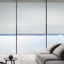 Living room featuring a sofa and large windows with shades overlooking a lake. Minimalist decor and serene atmosphere.